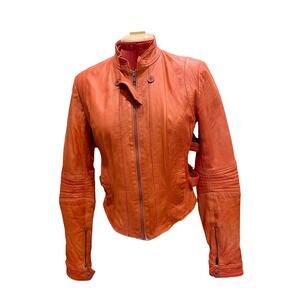 PERUVIAN CONNECTION Sheep Leather Moto Jacket – Burnt Orange – Size 2 (Adj Fit)
